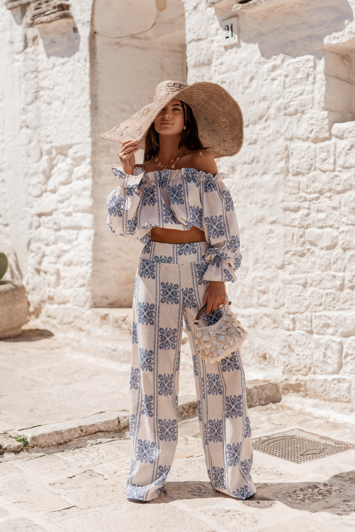 Komplet lniany MIA - Ricamo blue